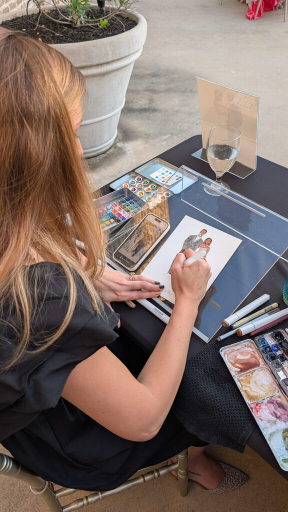 Watercolor portraits for wedding guests iron manor wedding - golden hour live art